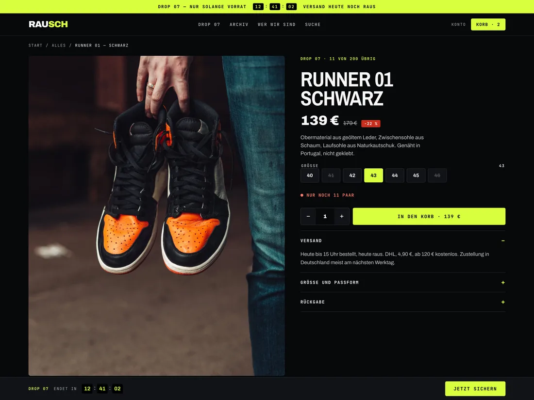 Streetwear-Label Rausch, Produktseite mit Größenwahl