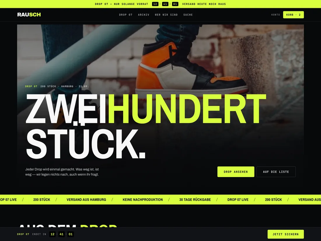 Streetwear-Label Rausch, Startseite des Shops